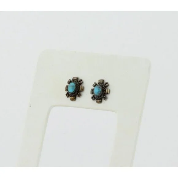 Sterling Silver Small Turquoise Earrings Stud Post 1/2" x 3/8" - Picture 3 of 8